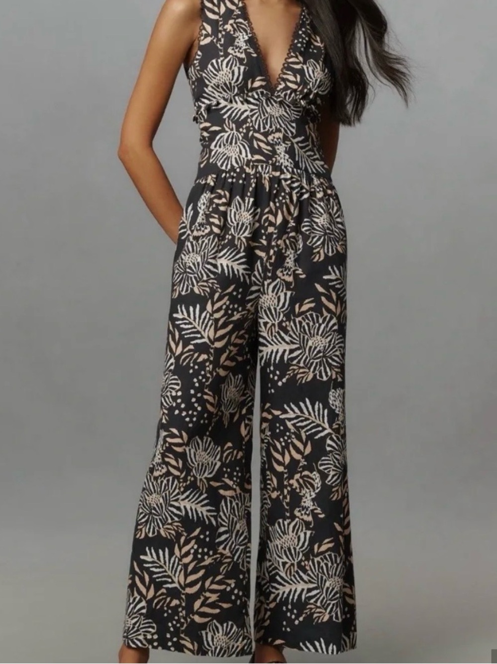 FARM Rio Black Anthropologie Floral Wide Leg Jumpsuit Cream & Tan size S NWT